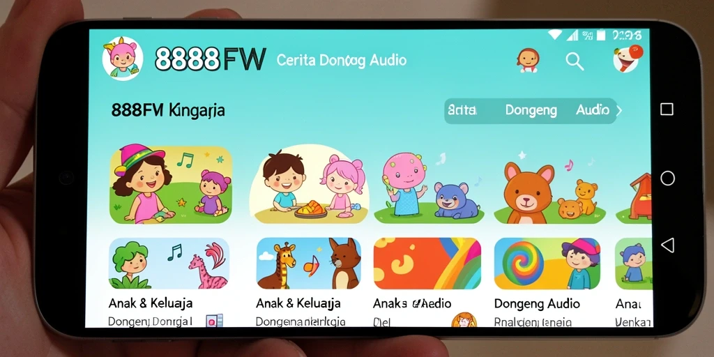 Antarmuka pengguna 888FW menampilkan berbagai pilihan cerita audio anak.