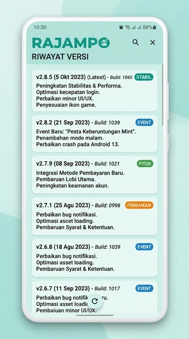 Tampilan riwayat versi rajampo